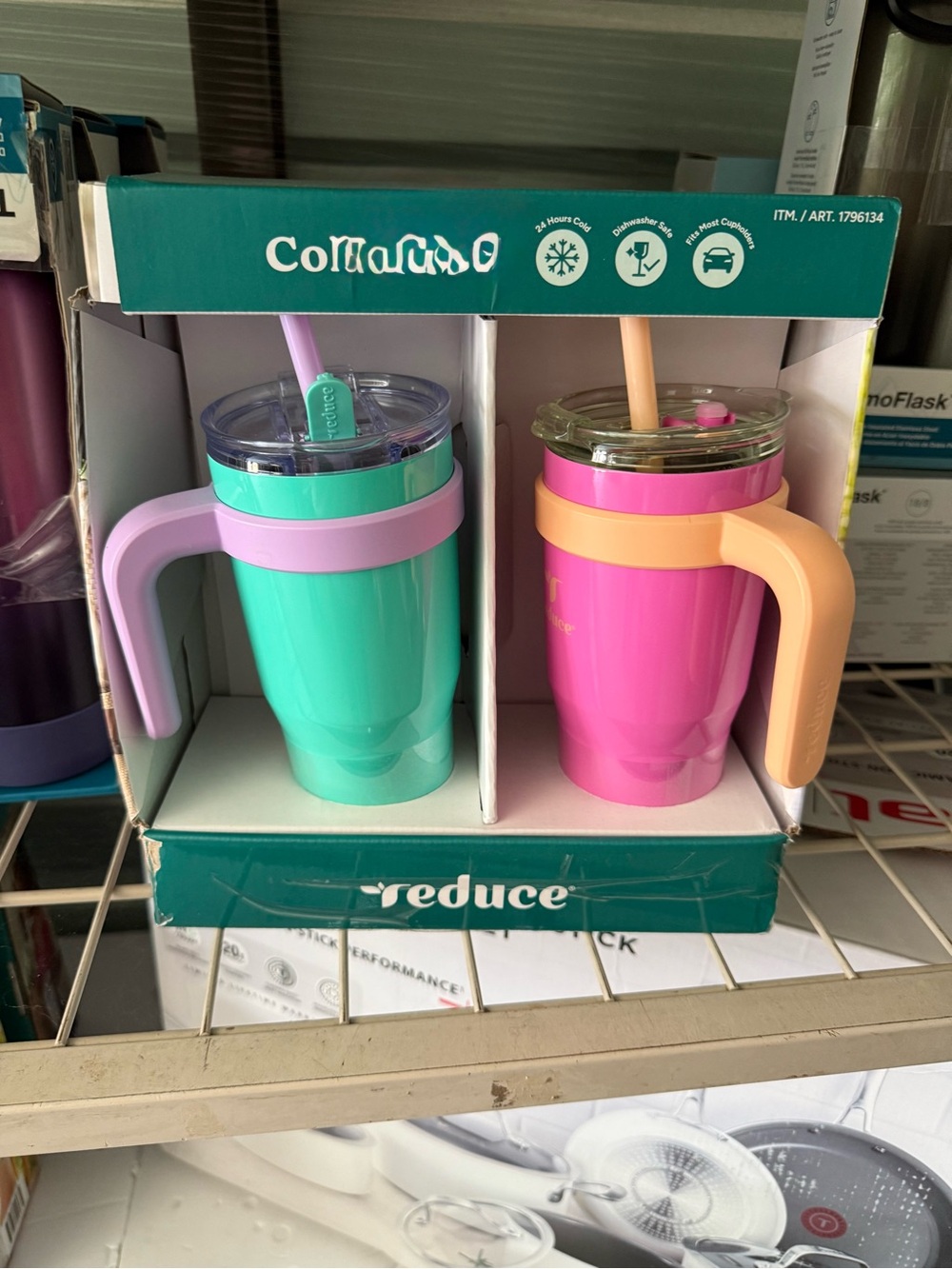 Set of 2 Insulated Party Mugs — Teal & Pink with Lids and Straws